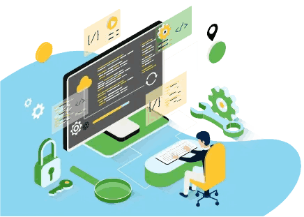 Illustration of a person at a desk working on a computer surrounded by digital symbols like gears, code, a padlock, and magnifying glass, representing software development and security.